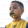 Youth Football Player Wearing Shock Doctor 3D Chain Jewel Max AirFlow Football Mouthguard (Black/Gold Money)