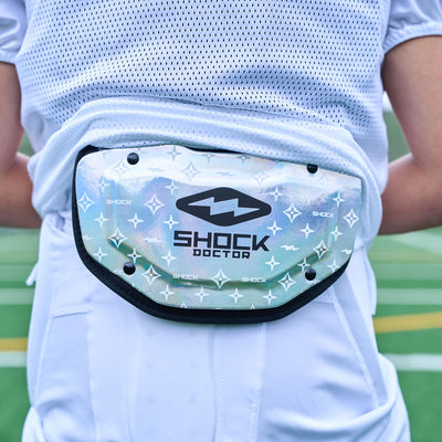 Lifestyle Image of Youth Football Player Wearing Shock Doctor Showtime Iridescent Lux Back Plate