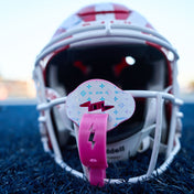 Lifestyle Image of Shock Doctor Clear/Iridescent White Lux Bolt Lip Guard on Football Helmet