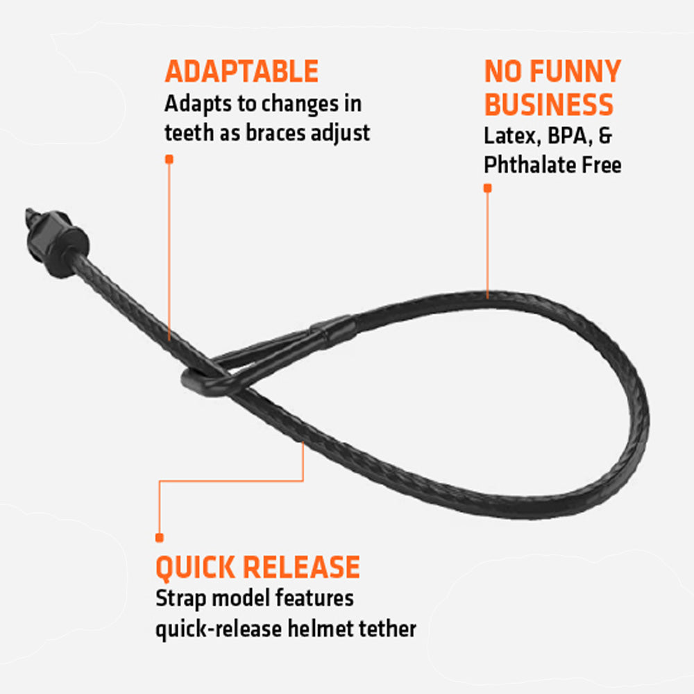 Brace Strap Features 1) Adaptable: Adapt to changes in teeth as braces adjust 2) No Funny Business: Latex, BPA, & Phthalate Free 3) Quick Release: Strap model features quick-release helmet tether