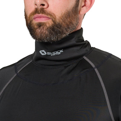 Shock Doctor Ultra Compression Hockey Long Sleeve Shirt With Integrated Neck Guard - Black - On Model - Detail View of Neck Guard on Hockey Player