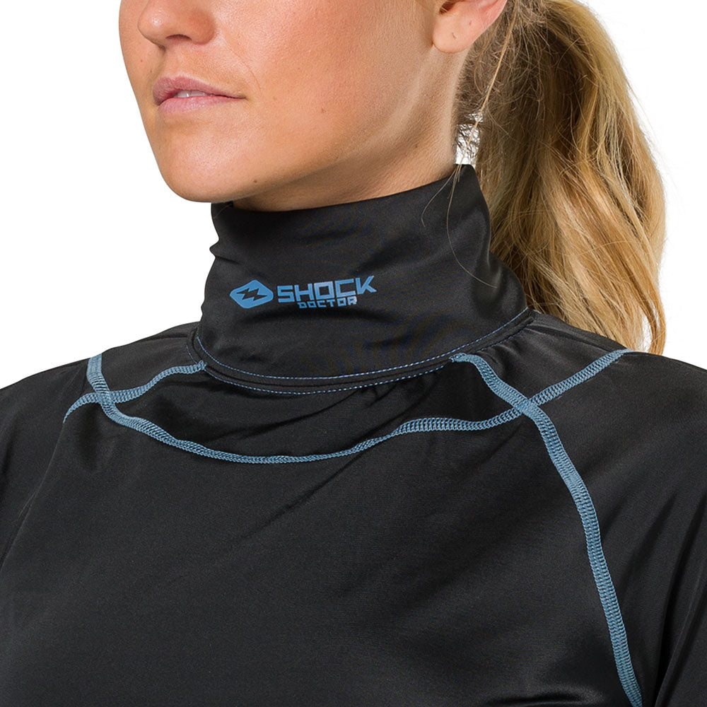 Shock Doctor Women's Ultra Compression Hockey Long Sleeve Shirt With Integrated Neck Guard - Black - On Model - Detail View of Neck Guard on Female Hockey Player