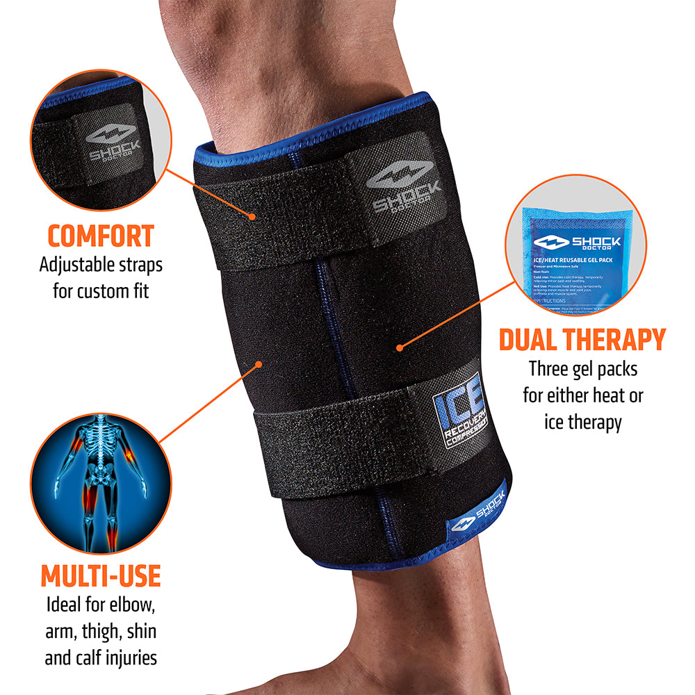 Shock Doctor Ice Recovery Compression Multi-Use Compression Wrap - Tech Specs 1) Comfort: Adjustable straps for custom fit 2) Dual Therapy: Three Gel packs for either heat or ice therapy and recovery 3) Multi-Use: Ideal for elbow, arm, thigh, shin and calf injuries