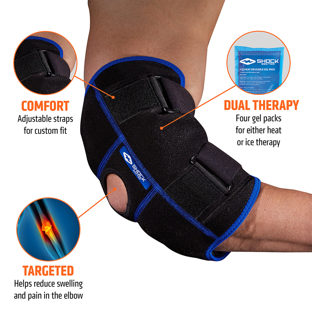 Shock Doctor Ice Recovery Compression Elbow Wrap - Tech Specs 1) Comfort: Adjustable straps for custom fit 2) Dual Therapy: Three Gel packs for either heat or ice therapy and recovery 3) Targeted: Helps reduce swelling and pain in the elbow