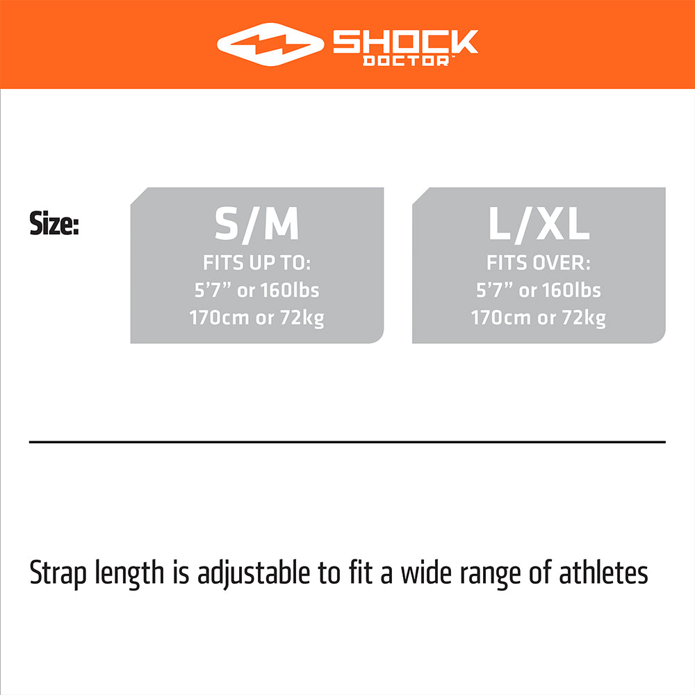 Shock Doctor Ice Recovery Elbow Compression Wrap - US SIZE CHART - SIZING: Strap length is adjustable to fit a wide range of athletes | S/M - FITS UP TO: 5'7" or 160lbs (170cm or 72kg), L/XL - FITS OVER: 5'7" or 160lbs (170cm or 72kg) | NOTE: Strap length is adjustable to fit a wide range of athletes