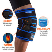 Shock Doctor Ice Recovery Compression Knee Wrap - Tech Specs 1) Comfort: Adjustable straps for custom fit 2) Dual Therapy: Four Gel packs for either heat or ice therapy and recovery 3) Targeted: Helps reduce swelling and pain in the knee