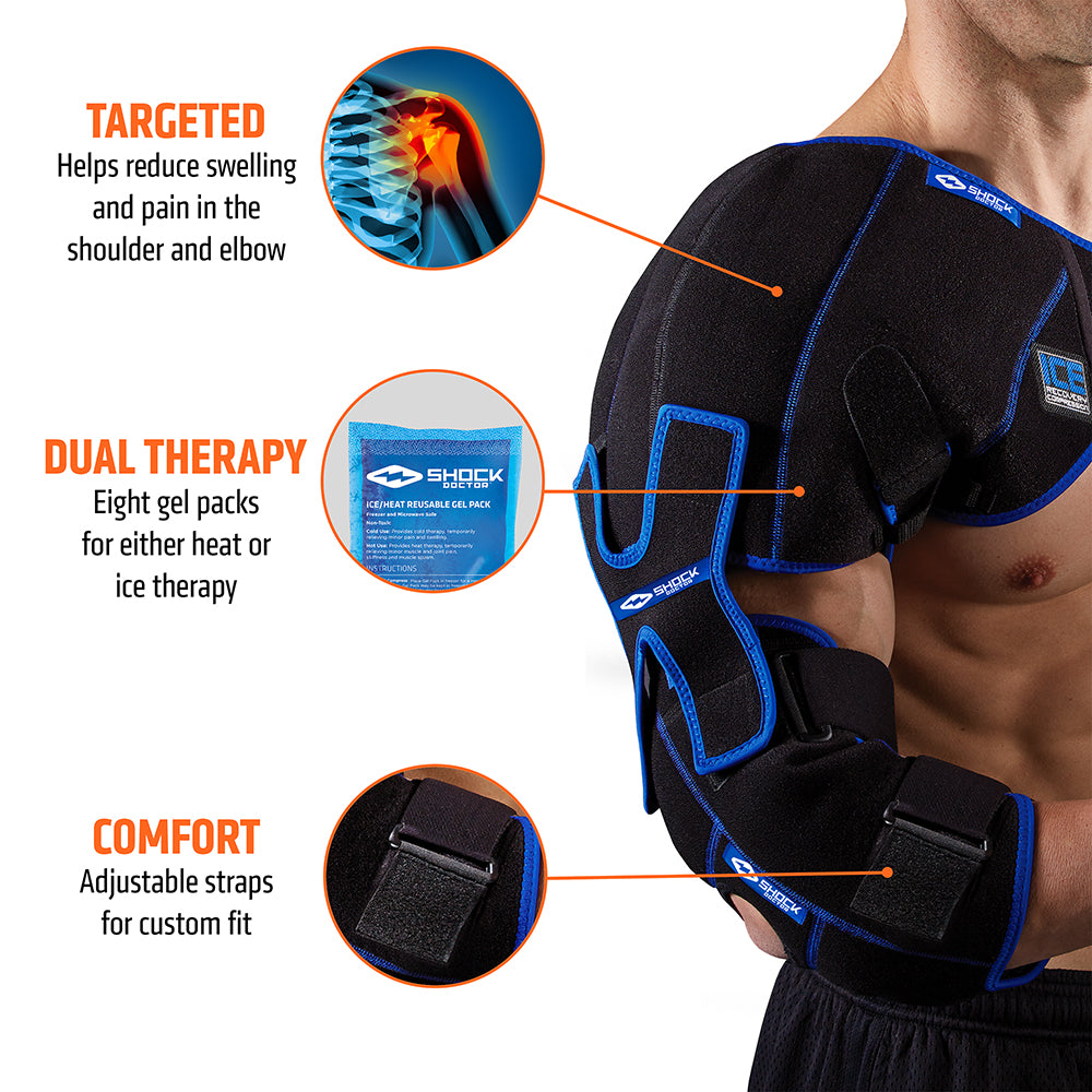 Shock Doctor Ice Recovery Shoulder-Elbow Compression Wrap - Tech Specs ) Targeted: Helps reduce swelling and pain in the shoulder and elbow 2) Dual Therapy: Eight Gel packs for either heat or ice therapy and recovery 3) Comfort: Adjustable straps for custom fit